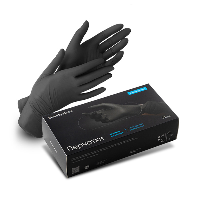 Перчатки нитриловые высокопрочные "M" чёрные 100 шт, Shine Systems